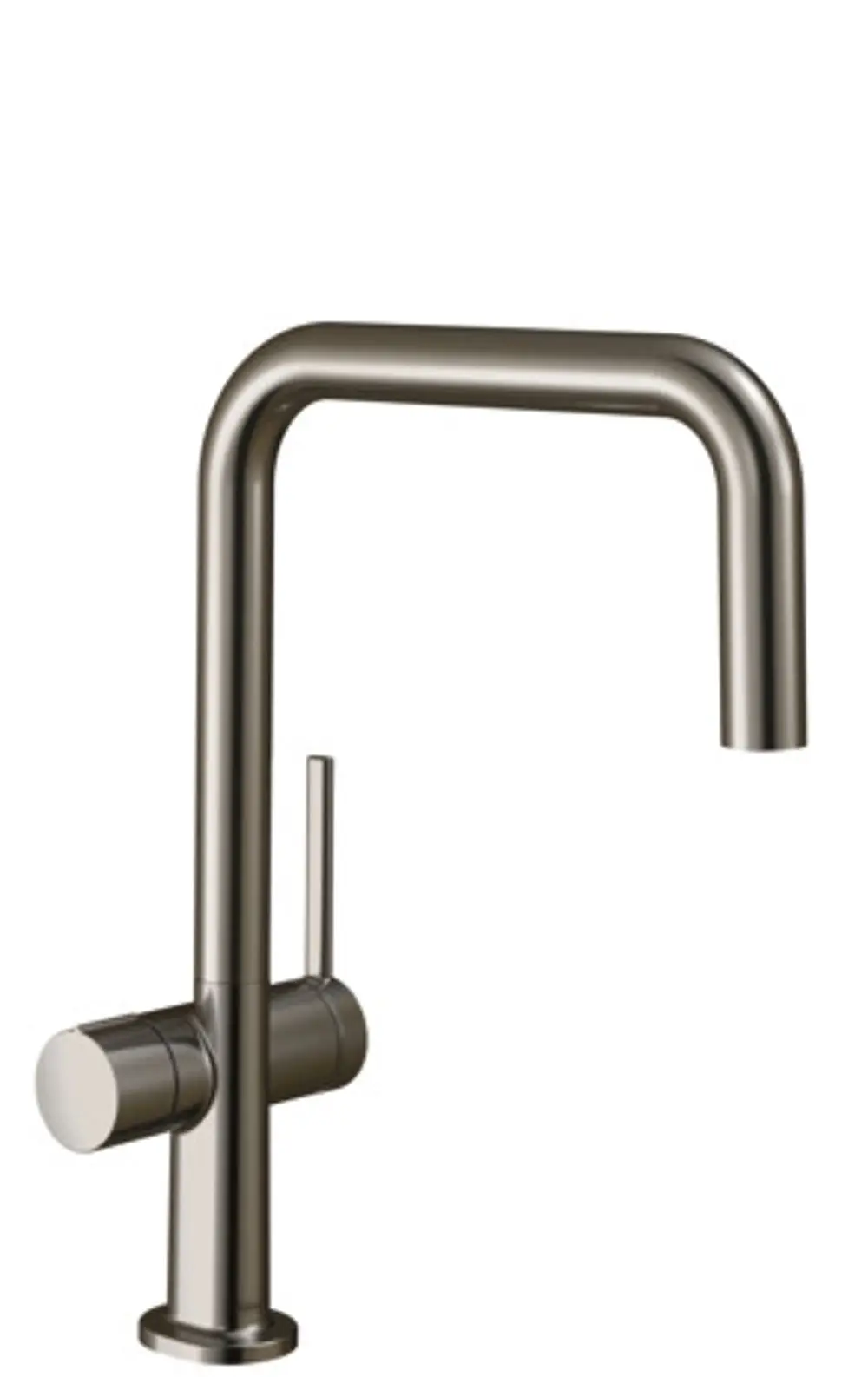 Küchenarmatur aus Edelstahl-Optik mit hoch ausgeströmtem Wasserhahn und seitlicher Bedienung, hergestellt von Hansgrohe.